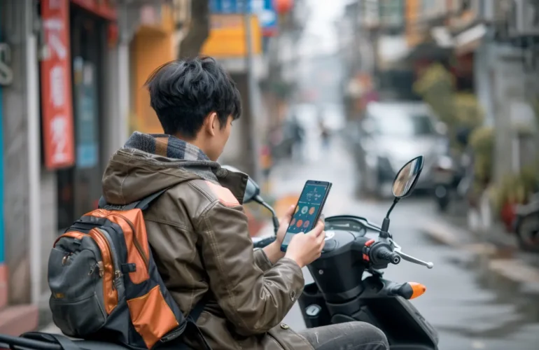 Young man using fintech app on his smartphone